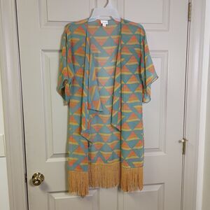 Lularoe Womens Kimono Open Front Size Small Geometric Print Green Orange Tassel